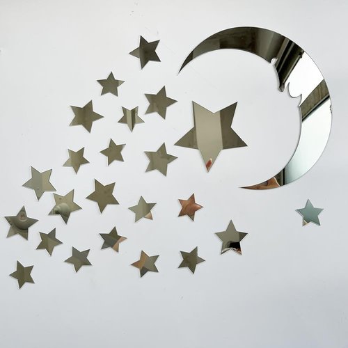 37pcs 3D Moon and Stars Silver Acrylic Wall Stickers with Adhesive Art Decal Satin Paper Baby Kids Bedroom Home DIY Decor Removable Stickers (Moon and Stars)