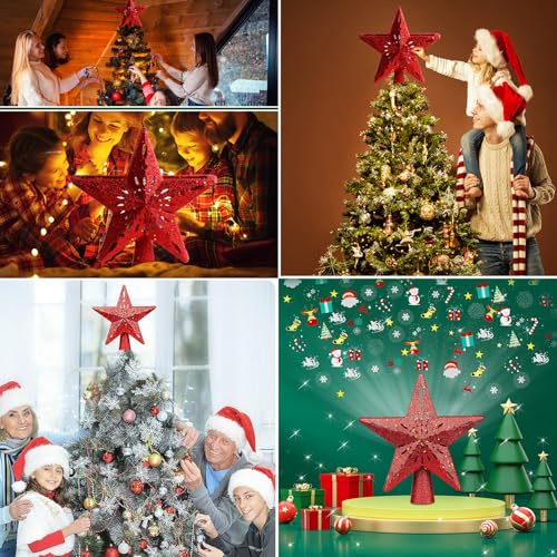 Christmas Tree Topper Lighted Star with 6 Projected Patterns - Rotating 3D Glitter Xmas Decor - Red - Variation 1