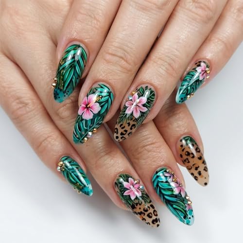 Green Tropical Floral Press on Nails Medium Almond Reusable Set