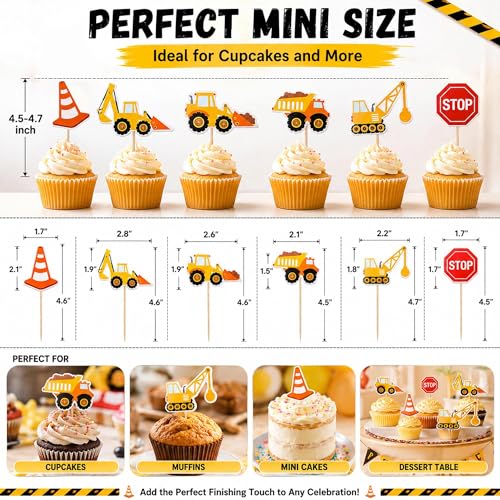24 Pcs Construction Cupcake Toppers - Excavator & Truck Decorations