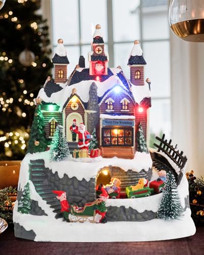 Bdor Christmas Village House with Animated Train & Santa Scene - LED Lights