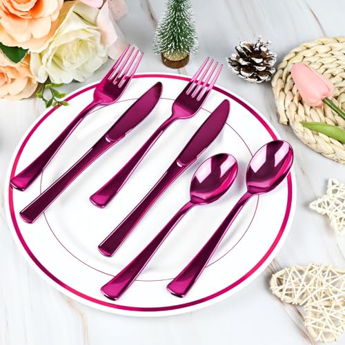 100 Pack Hot Pink Plastic Silverware Set with Wrapped Napkins - Pyntop