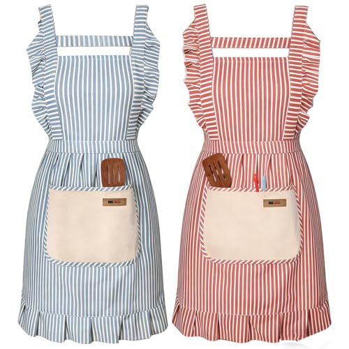 Adjustable Kitchen Apron Set - 2 Pack Red/Blue with Pockets