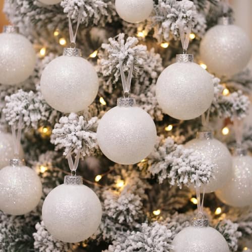 Luxe White Glitter Christmas Ornaments Set - 40 Shatterproof Baubles, 3.15 Inch