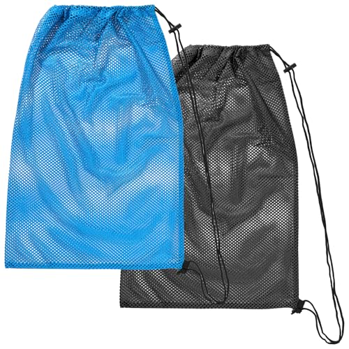2 pcs Mesh Bag Oversized, 19" x 27" Mesh Snorkel Gear Bags, Large Drawstring Net Bag for Diving Snorkeling, Fins, Swimming Gear, Beach and Sports Equipment Balls Collect(Black & Blue)
