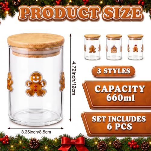 3pcs Christmas Icon Glass Storage Jars with Airtight Bamboo Lids - Gingerbread