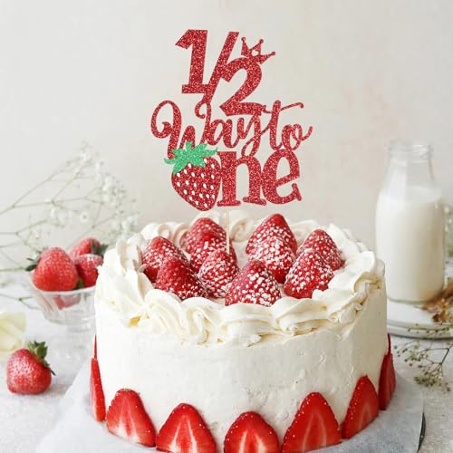 Strawberry Half Birthday Cake Topper - 6 Months Red Glitter Decor
