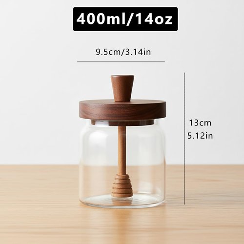 hiwafifi Glass Honey Jar with Dipper and Lid, 14 OZ Airtight Honeypot with Acacia Wood Lid, Coffee Syrup Dispenser, Round Honey Storage Container, Kitchen Dining Gifts for Her Bar Accessories