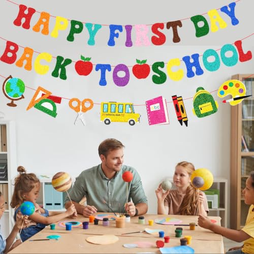 Happy First Day Back to School Banner - Colorful Decor (Red, Purple, Green, Blue, Grey, Pink)