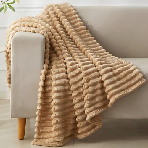 COZYXWORLD 380GSM Heavyweight Ribbed Fleece Throw Blanket, Beige 50x60