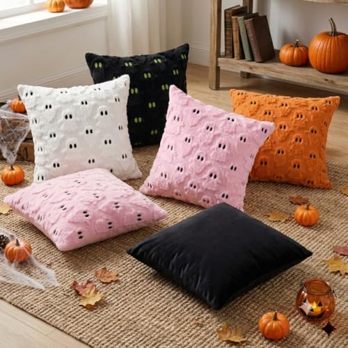 HOSHEN HOME 3D Ghost Faux Fur Pillow Covers, White 18x18 Inch Set of 2