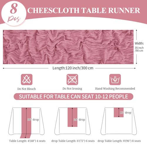 Dusty Rose Cheesecloth Table Runner - 8 Pack 35x120 Inch for Wedding & Party Decor