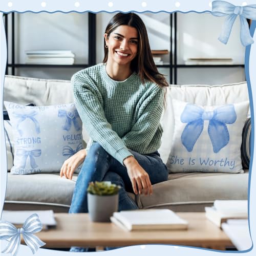 Christian Pillow Covers 18x18 - Blue Bow Bible Verse Decor