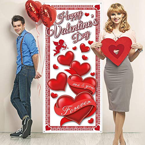 Happy Valentine's Day Door Cover - 78 x 35.4 Inch Red Heart Banner