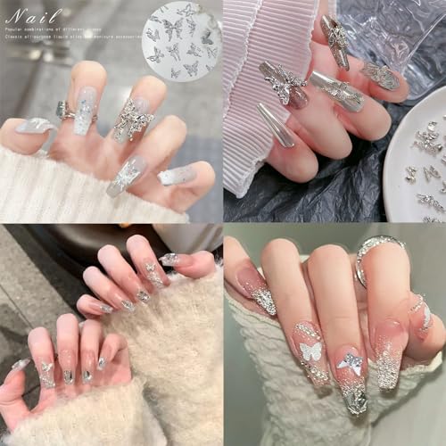 60Pcs 3D Butterfly Nail Charms Silver Rhinestone Alloy Manicure Decor