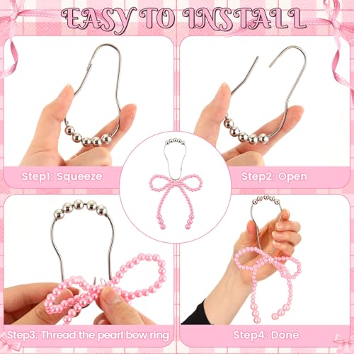 Pink Pearl Bow Shower Curtain Hooks - 12 Decorative Rings