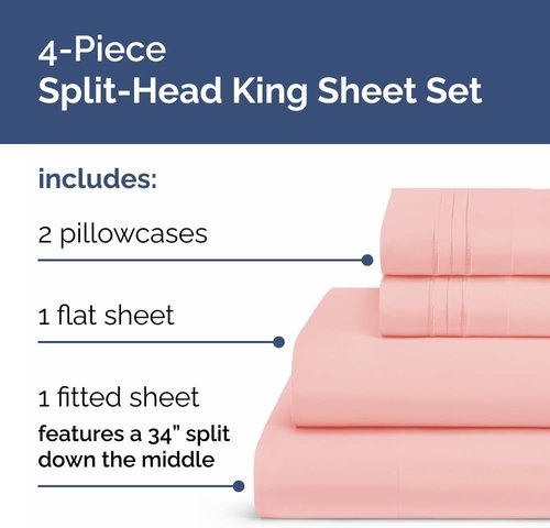 Flex Top Split Head King Sheet Set - Comfy, Breathable & Cooling Luxury Bedding - Deep Pockets, Soft Oeko-Tex - Baby Pink