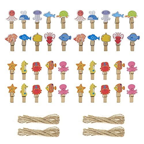 Bitray Mini Wooden Clothespins Ocean Animal Pattern Clips - 40pcs