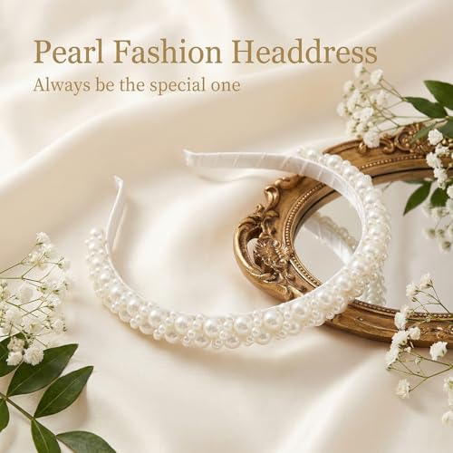 Pearl Headband for Women White Faux Pearls Non-Slip Hair Hoop