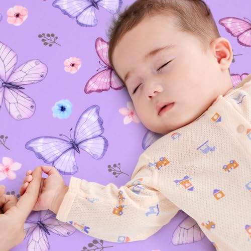 JISEN Purple Butterfly Fitted Crib Sheet - Soft & Washable 52x28 Inch