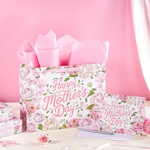 13" Floral Mother's Day Gift Bag with Card & Tissue Paper