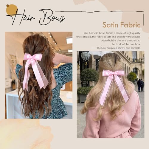 VOBOBE 2PCS Pink Hair Bows with Long Tails Satin Silk Ribbon Hair Clips for Women and Girls