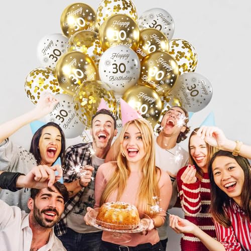 30th Birthday Balloons Pack - White & Gold Latex Confetti, 15pcs