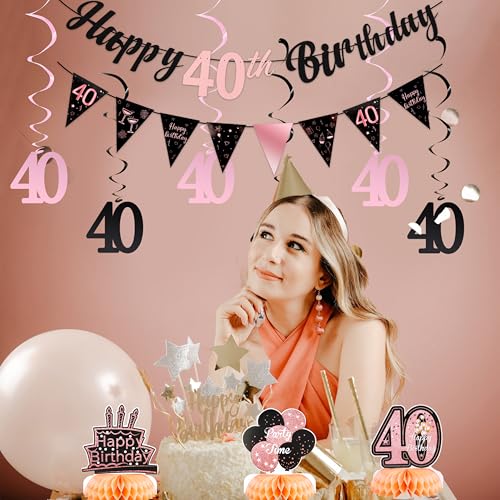 Rose Gold 40th Birthday Decorations Set for Women - Banner & Centerpieces