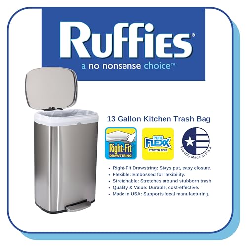Ruffies 13 Gallon Tall Kitchen Trash Bags, Drawstring, 30 Count