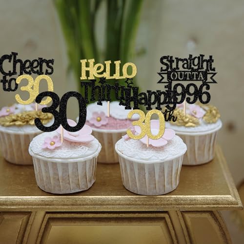 30 Pack Happy 30th Birthday Cupcake Toppers – Glitter Decorations