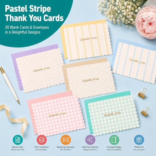 30 Premium Thank You Cards with Envelopes & Gold Foil Stickers