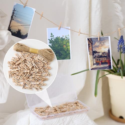 Natural Mini Wooden Clothespins Set with Jute Twine - 100 Pcs