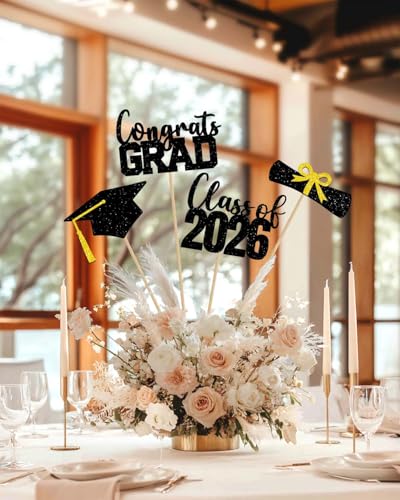 Jiiohur Class of 2026 Graduation Centerpieces Sticks - 16 Pcs, Black & Gold Party Supplies (Bg)