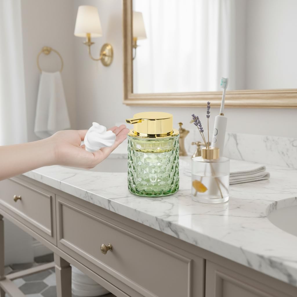 Fvstar 10 Oz Glass Hand Soap Dispenser with Pump, Refillable Bathroom Gold Foaming Soap Dispenser, Vintage Glass Diamond Lotion Container Bottle for Bathroom and Kitchen (1, Green and Gold)