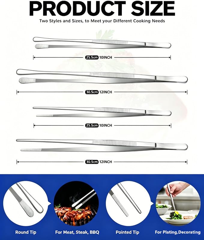 Stainless Steel Kitchen Tweezers Tongs Set - 10 & 12 Inch Precision BBQ Tools