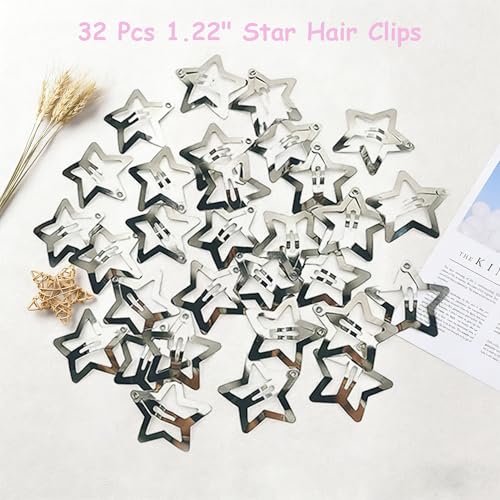Isvo 32 Pcs Star Hair Clips, 1.22" Y2K Metal Snap Silver Barrettes