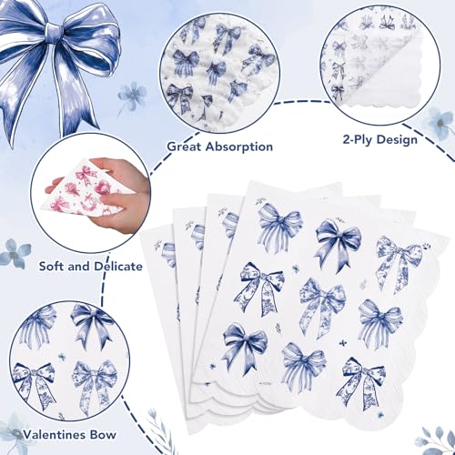 100 Pack Blue Bow Cocktail Napkins - 5" Scalloped Disposable Paper
