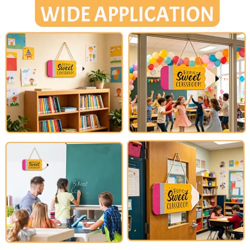 Clothmile Pencil-Shaped Wooden Door Sign - Home Sweet Classroom Decor, 13.8x5.1 Inch, Back to School Wall Hanger, Classroom & Porch Door Decor (Variation: Pencil)