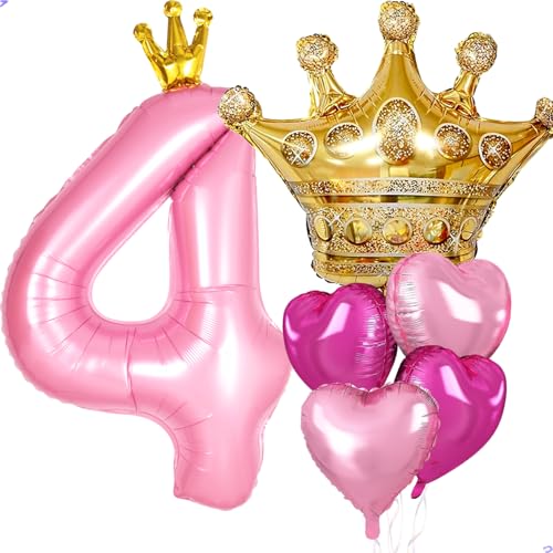 Princess 4th Birthday Balloon Set, 40-Inch Pink Crown Number 4 Decoration