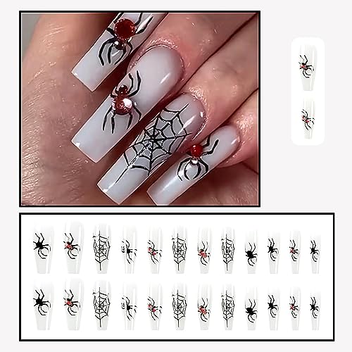Halloween Long Coffin Press on Nails with Spider Web and Rhinestone