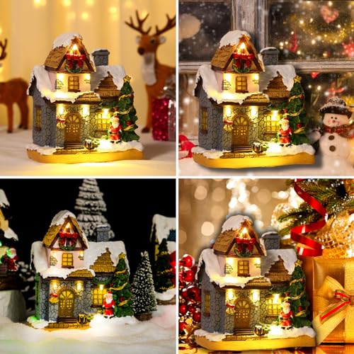 Christmas Village Houses with Warm LED Lights - Handmade Resin Scene - Variation A