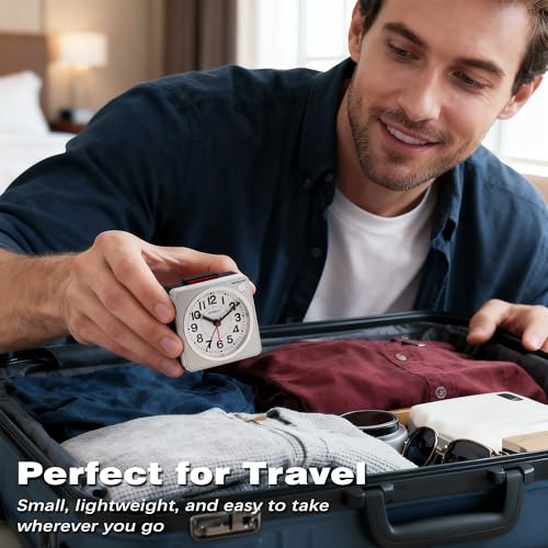 AYRELY Compact Battery Operated Travel Alarm Clock - Silent Analog, Snooze & Light