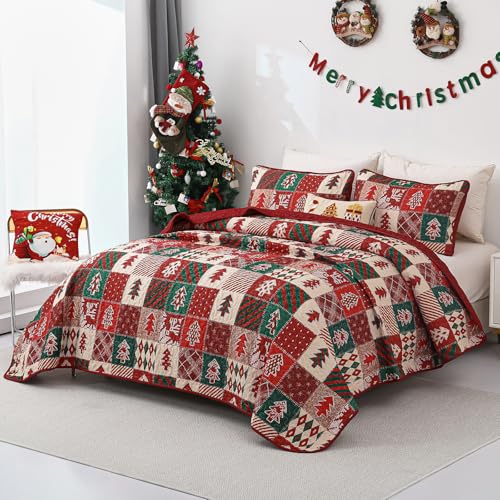 Christmas Quilt Queen Size 3-Piece Bedspread Set with Tree Design, Red & Green, 96x90 Inches - Merry Christmas Variation