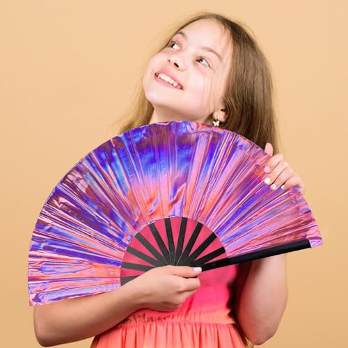 dmjuncong Folding Hand Rave Fan, Holographic Purple, 11 Inch Large PVC Fan