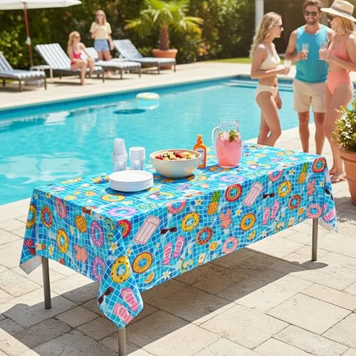 Disposable Pool Party Tablecloth - Blue Hawaiian Theme, Waterproof