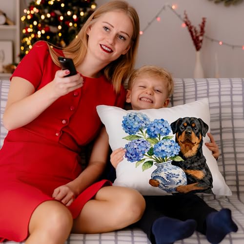 Rottweiler Chinoiserie Hydrangea 18x18 Flannel Throw Pillow Cover (Dog-pillow)