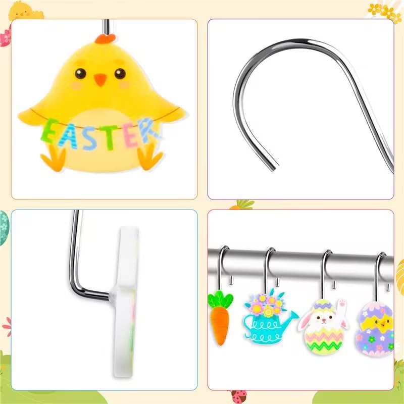 MALLMALL6 12Pcs Easter Shower Curtain Hooks - Bunny & Egg Designs