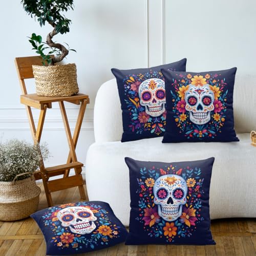 Sugar Skull Throw Pillow Covers 18x18 Inch - Set of 4 Floral Sofa Cases