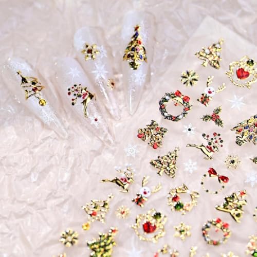 5D Embossed Christmas Nail Stickers Gold Decals Self-Adhesive Winter Xmas