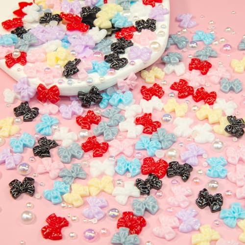 qiipii 3D Bow Nail Charms & Half Pearl Beads Set, 8-Color Kawaii Bowknot Art Supplies